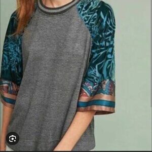 Anthropologie Gray and Teal Short Sleeve Top